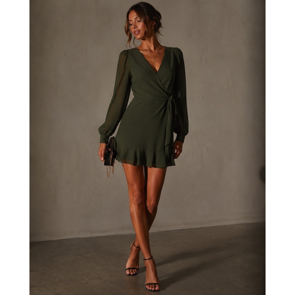 Parker Silk Blend Olive Green Long Sleeve Ruffle Faux Wrap Mini Dress Size S